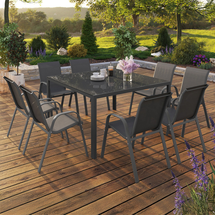 Set di mobili da giardino MADRID Tavolo quadrato da 130 cm e 8 sedie impilabili grigio antracite