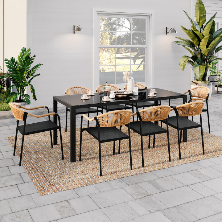 Set di mobili da giardino MADEIRA tavolo 190 cm e 8 sedie in corda e textilene nero e rattan chiaro