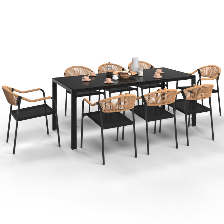 Conjunto de muebles de jardín MADEIRA mesa 190 cm y 8 sillas cuerda negra y textilene y rattan claro