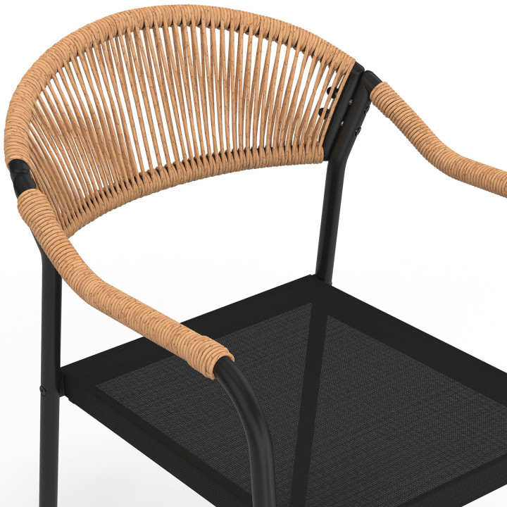 Salon de jardin MADEIRA table 190 cm et 8 chaises cordage et textilène noir et rotin clair