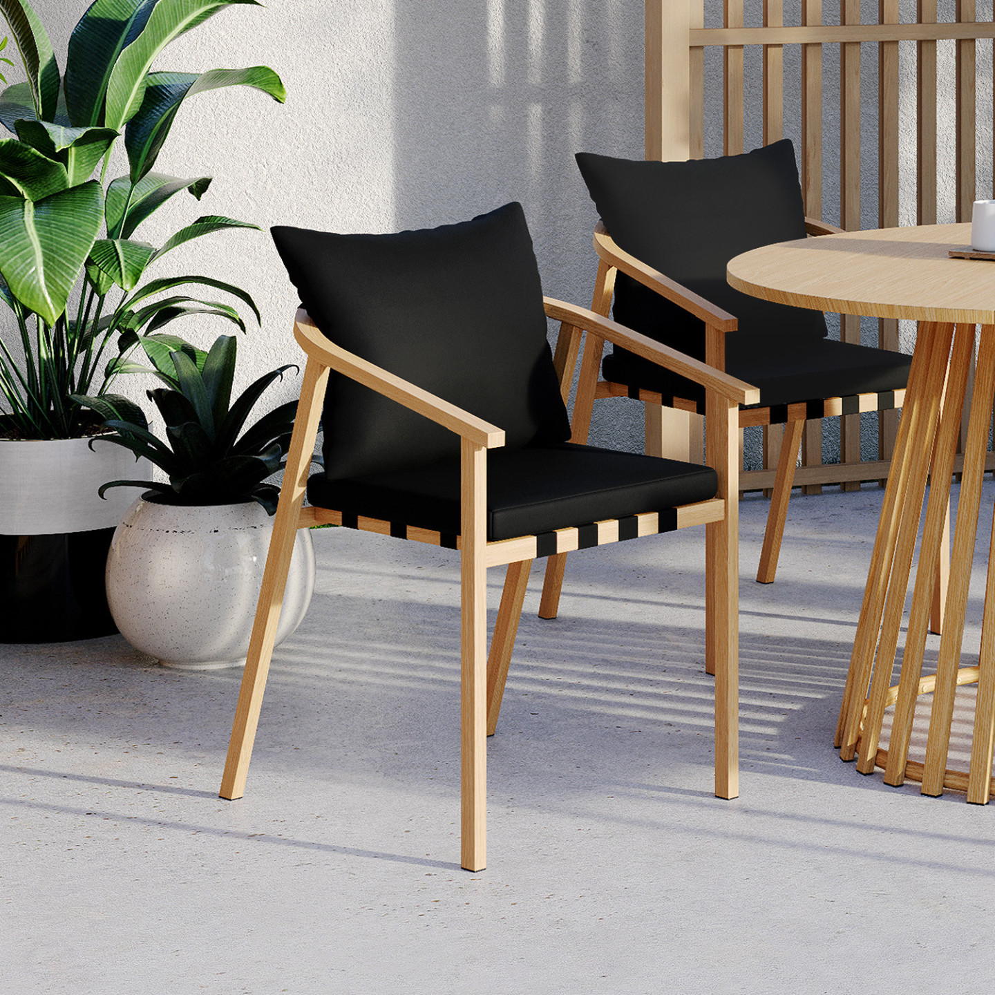 Set van 4 tuinstoelen, metalen frame met houteffect, zwarte banden en ...