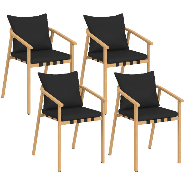 Set aus 4 Gartenstühlen MALTA Metallgestell in Holzoptik, schwarze Riemen und Kissen