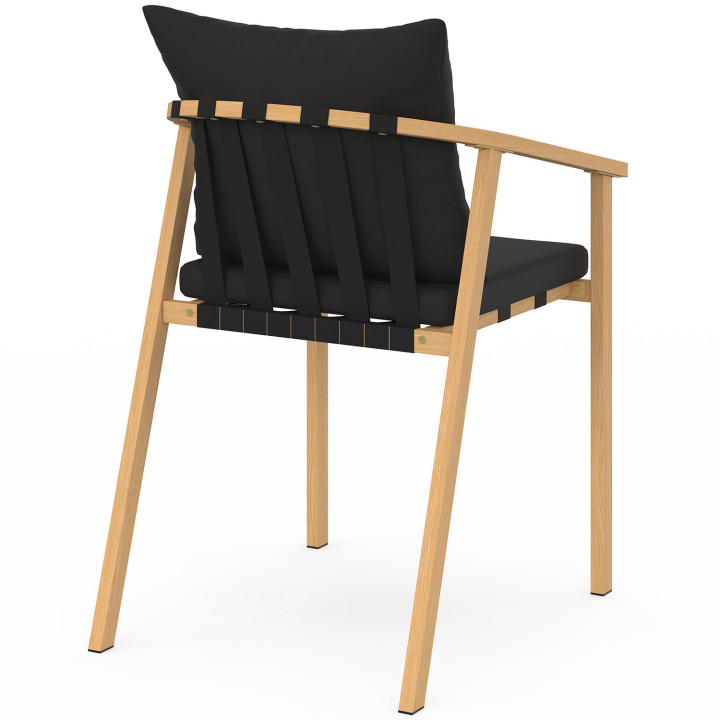 Set di 4 sedie da giardino MALTA, struttura in metallo effetto legno, cinghie e cuscini neri