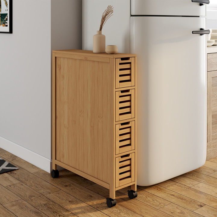 Tour de rangement 4 tiroirs bambou BEA sur roulettes colonne gain de place