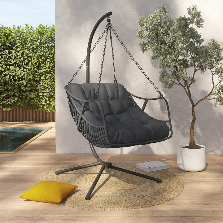 Fauteuil de jardin relax LOA suspendu effet rotin gris avec coussin gris