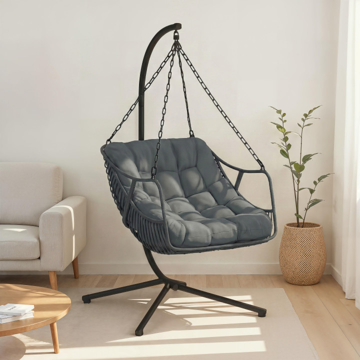 LOA opengewerkte grijze rotanfauteuil met grijs kussen