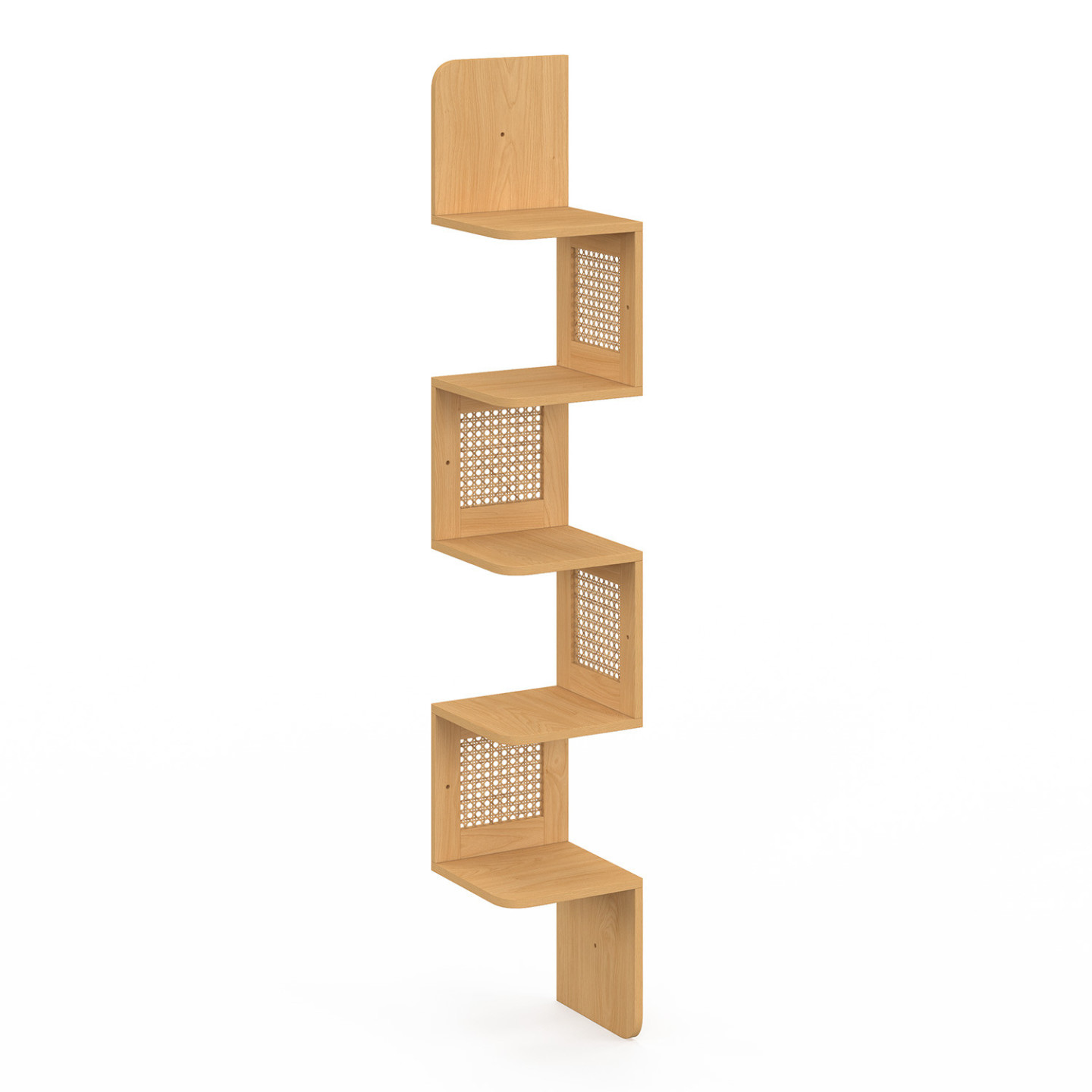 Eck-Wandregal mit 5 Ebenen aus Holz und Rohrgeflecht