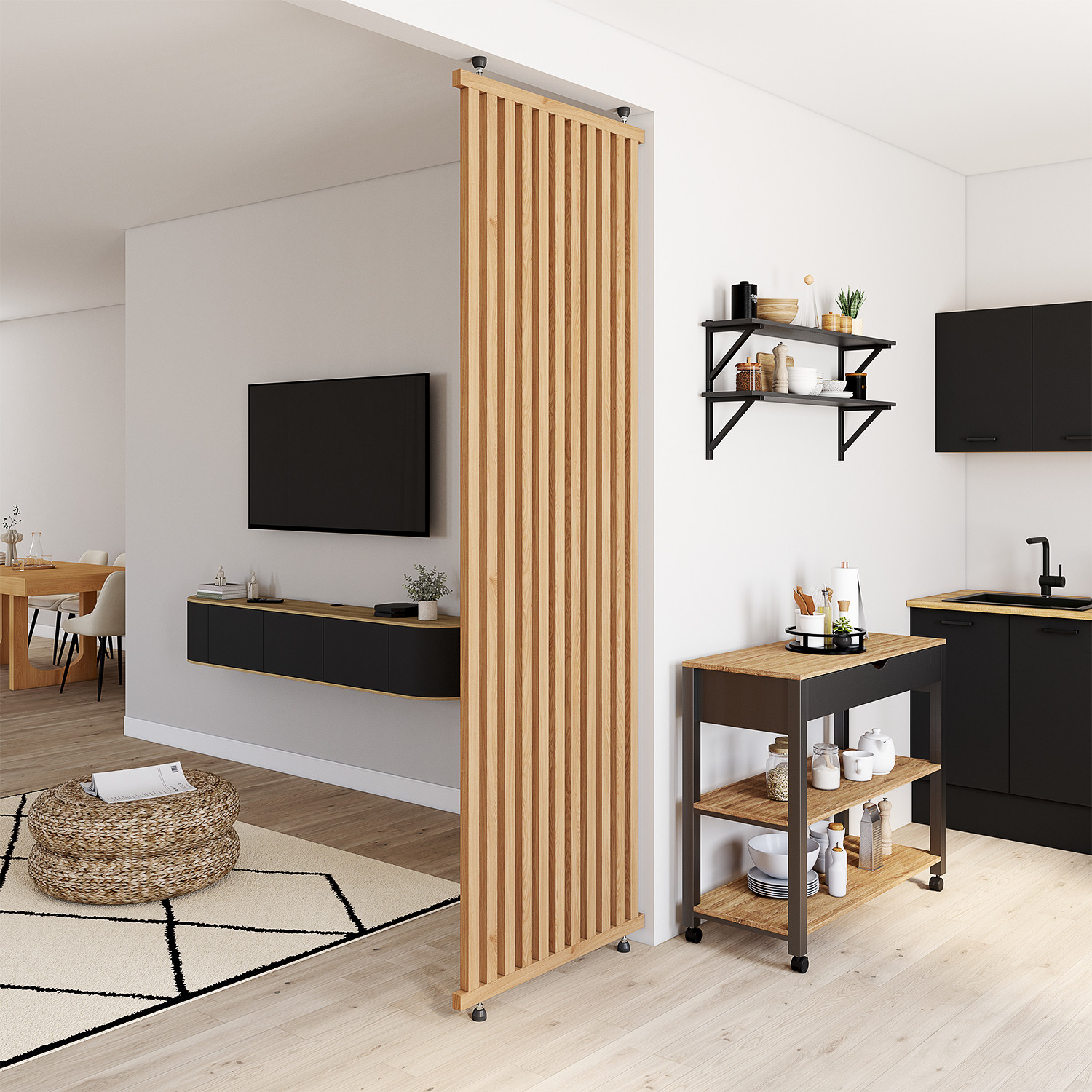 Cloison de séparation claustra 250 x 80 cm en tasseaux de bois coloris chêne