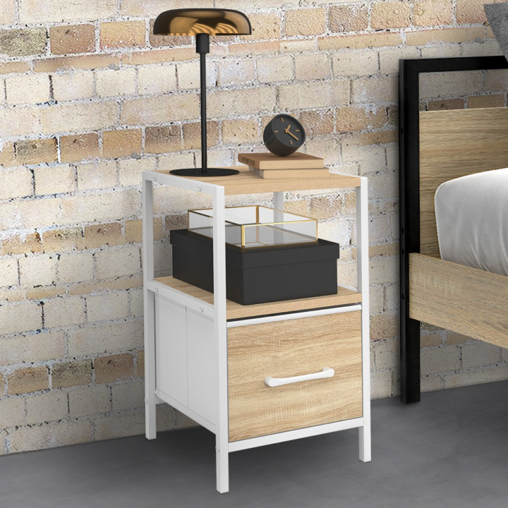 Set di 2 comodini UTAH, 1 cassetto e 1 nicchia, legno e bianco