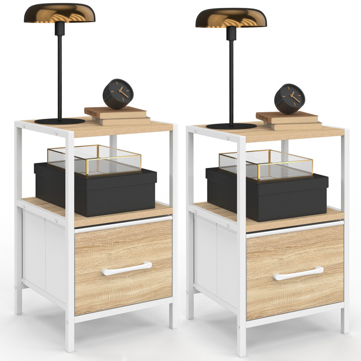 Set di 2 comodini UTAH, 1 cassetto e 1 nicchia, legno e bianco