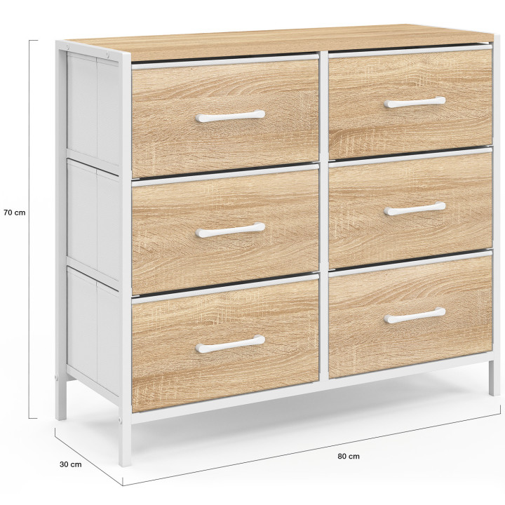 Cassettiera in tessuto a 6 cassetti UTAH 80 cm Mobile contenitore di design industriale in legno e bianco