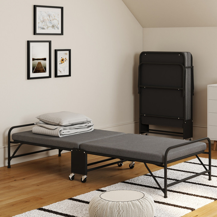 Letto supplementare in metallo pieghevole per 1 persona ZAK con base e materasso 70x190 cm grigio e nero