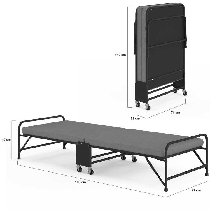 Letto supplementare in metallo pieghevole per 1 persona ZAK con base e materasso 70x190 cm grigio e nero