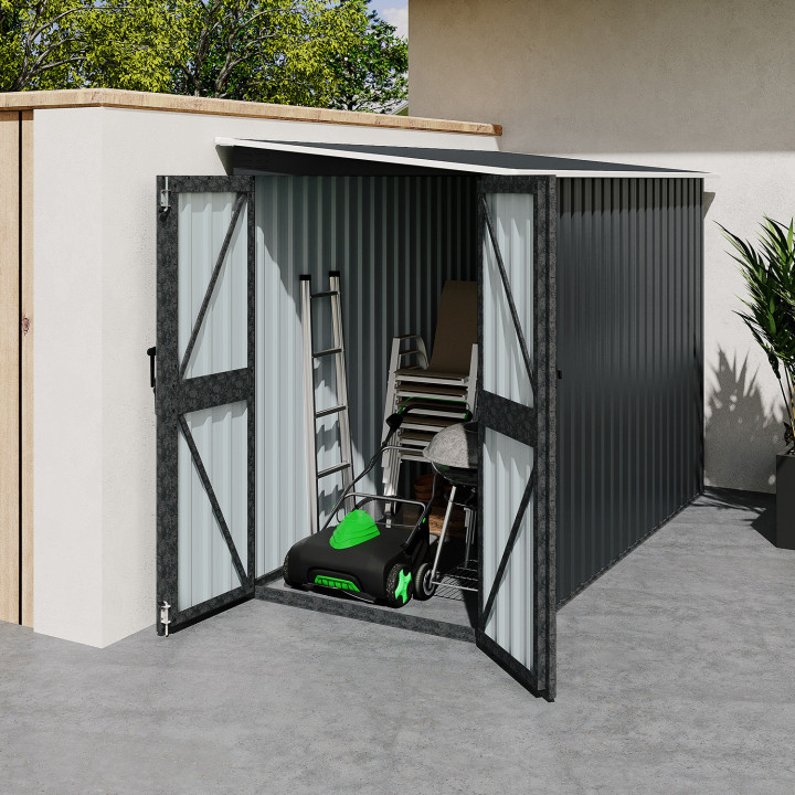 Casetta da giardino addossata in acciaio zincato grigio di 3 m² con base a doppia porta laterale