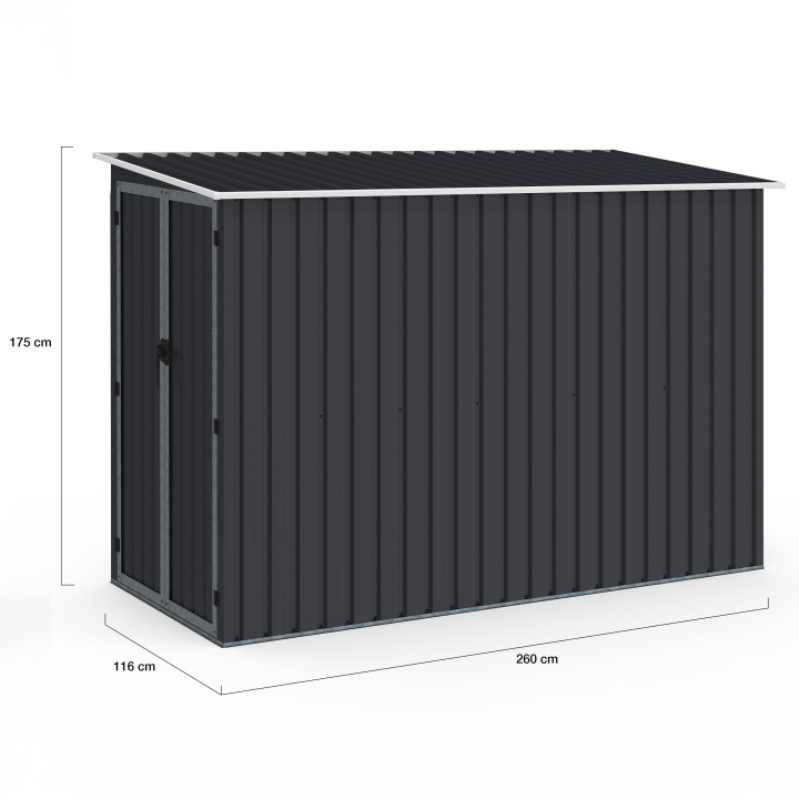 Caseta de jardín adosada de acero galvanizado gris de 3 m² con base de doble puerta lateral