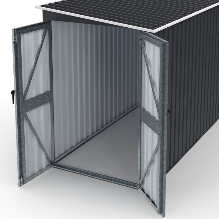 Caseta de jardín adosada de acero galvanizado gris de 3 m² con base de doble puerta lateral