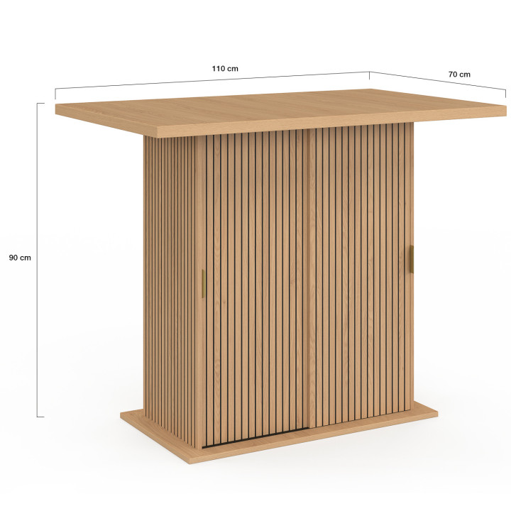 JULIETTE Isla central para 4 personas, 110 cm, pata central con almacenamiento, efecto listones, listones de madera