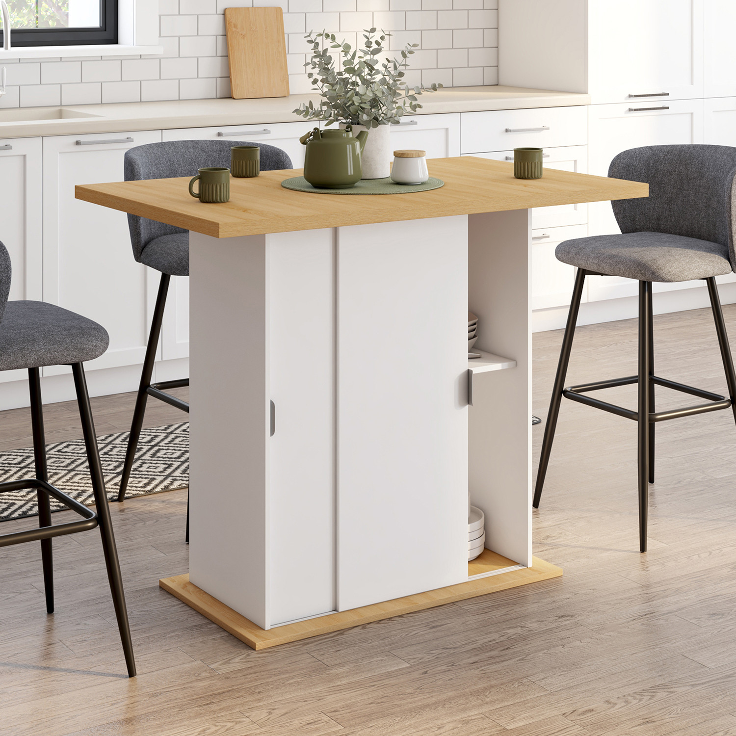 Ilot central 4 personnes 110 cm pied central avec rangement bois blanc avec plan de travail façon hêtre
