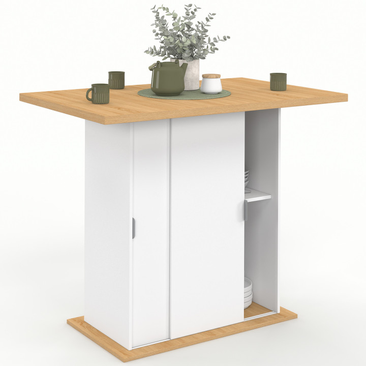 PAXTON 110 cm 4-persoons middeneiland met opbergruimte in wit hout en beukenhouten werkblad