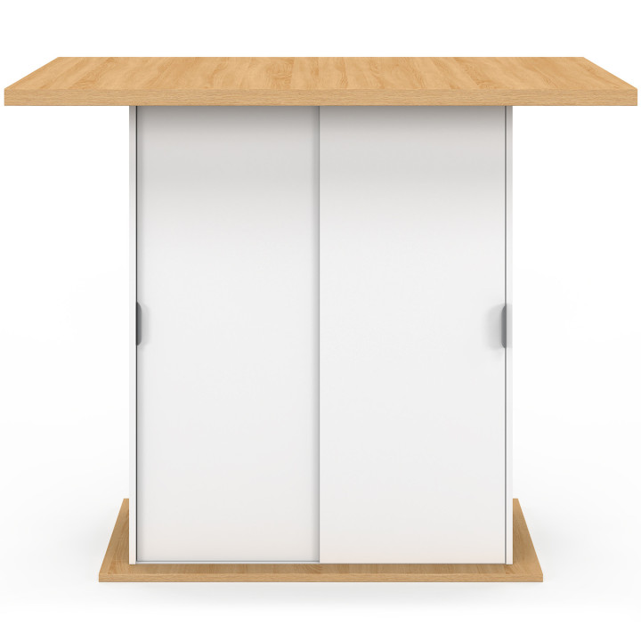 Ilot central 4 personnes PAXTON 110 cm pied central avec rangement bois blanc avec plan de travail façon hêtre