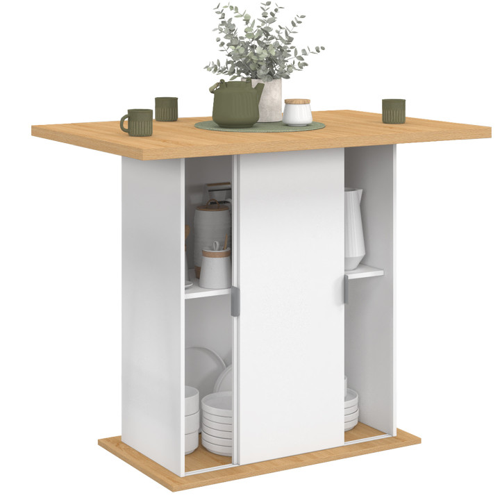 PAXTON 110 cm 4-persoons middeneiland met opbergruimte in wit hout en beukenhouten werkblad