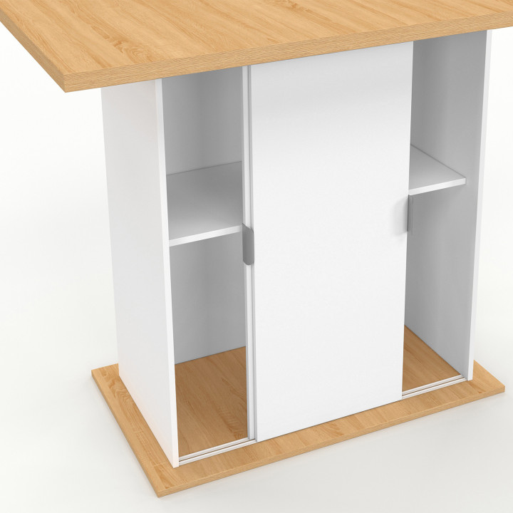 Ilot central 4 personnes PAXTON 110 cm pied central avec rangement bois blanc avec plan de travail façon hêtre