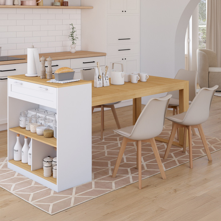 Isola centrale con tavolo da pranzo per 5 persone GARY 190 cm bianco con piano effetto legno