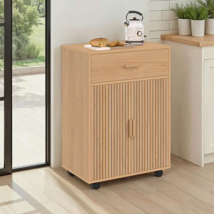 Desserte de cuisine JULIETTE placard avec tiroir effet lattes tasseau bois L.60 cm