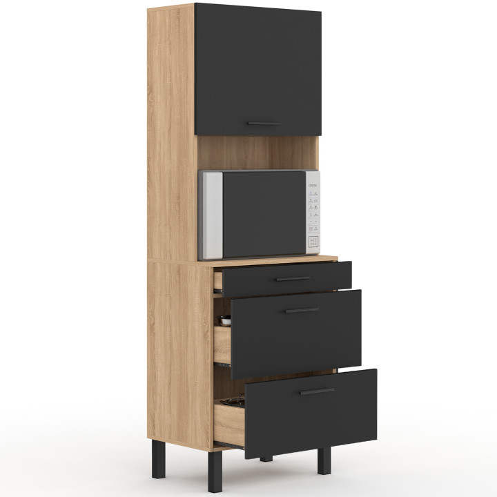 Colonne de cuisine micro-ondes et casserolier 60 cm CINA 2 portes façon hêtre et noir