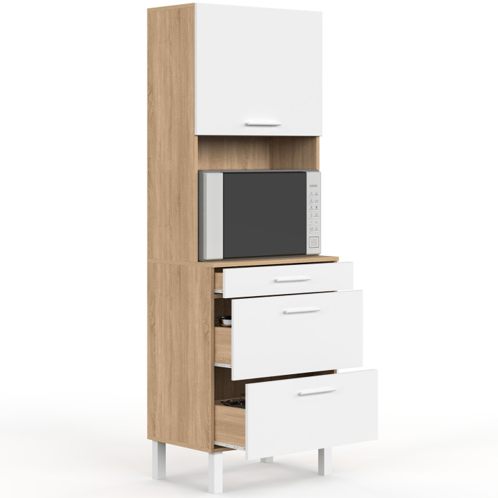 Colonne de cuisine micro-ondes et casserolier 60 cm CINA 2 portes façon hêtre et blanc