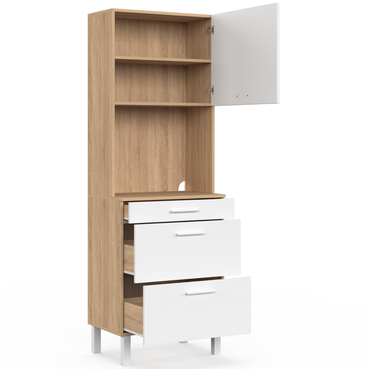 Colonne de cuisine micro-ondes et casserolier 60 cm CINA 2 portes façon hêtre et blanc