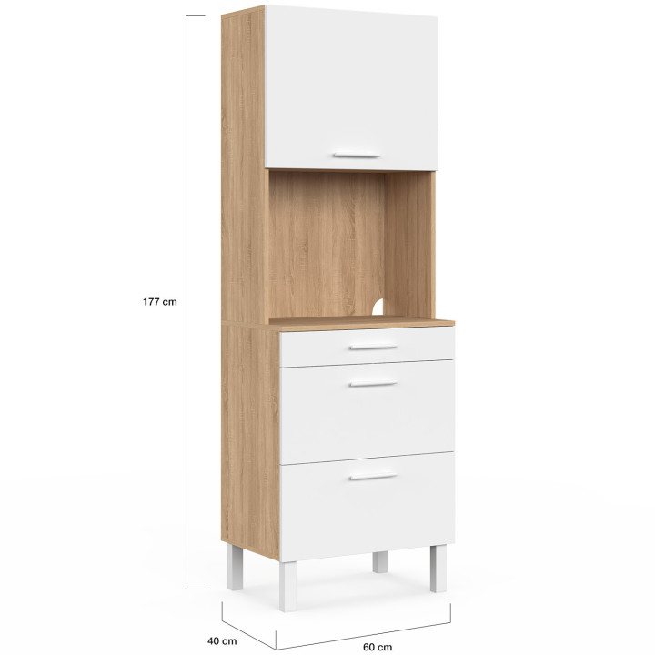Colonne de cuisine micro-ondes et casserolier 60 cm CINA 2 portes façon hêtre et blanc