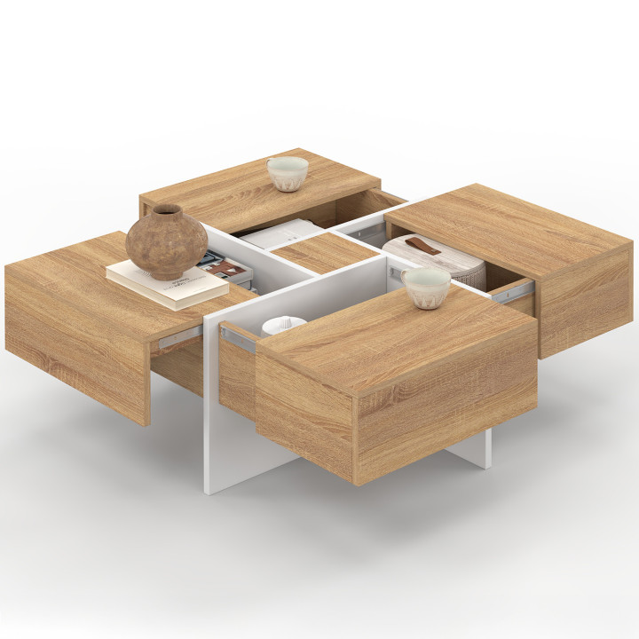 Tavolino quadrato TALIA 70 cm con cassetti in legno e bianco