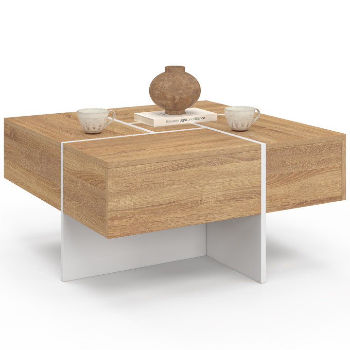 Tavolino quadrato TALIA 70 cm con cassetti in legno e bianco