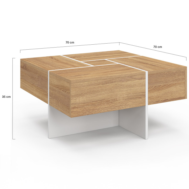 Tavolino quadrato TALIA 70 cm con cassetti in legno e bianco