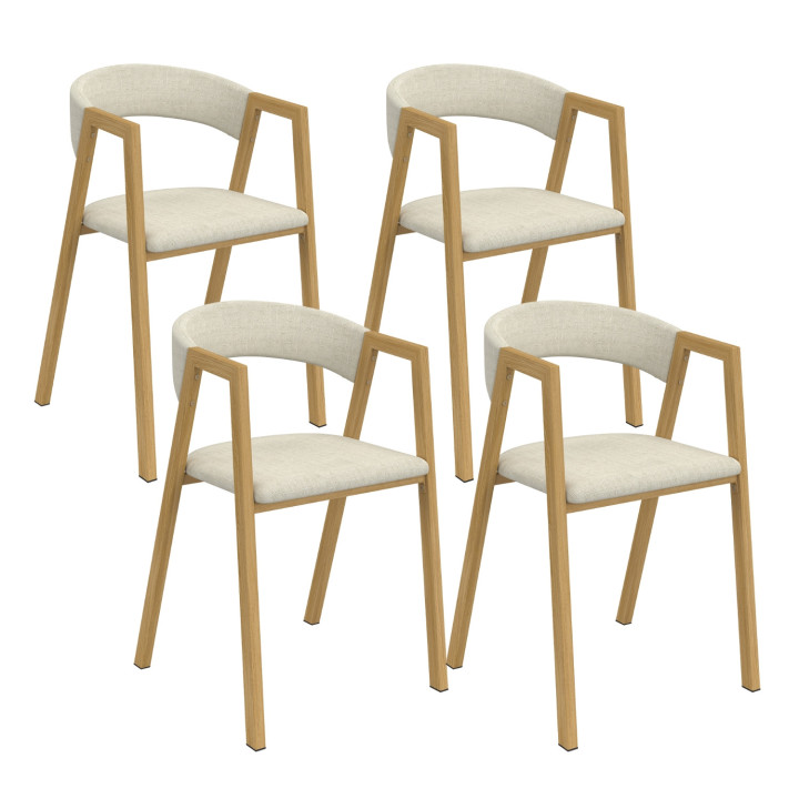 Lot de 4 chaises CAMILLE en métal effet bois et tissu beige avec accoudoirs