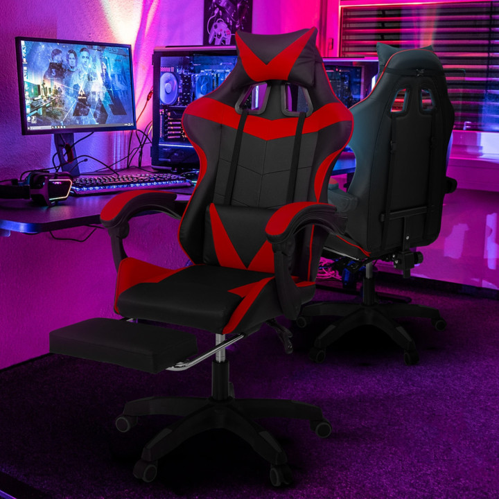 Fauteuil de gaming ALEX réglable avec repose-pied, coussin de tête et coussin lombaire noir et rouge
