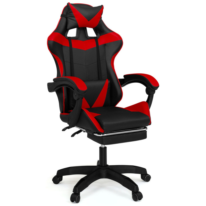 Fauteuil de gaming ALEX réglable avec repose-pied, coussin de tête et coussin lombaire noir et rouge