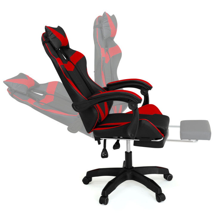 Fauteuil de gaming ALEX réglable avec repose-pied, coussin de tête et coussin lombaire noir et rouge
