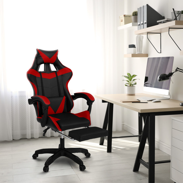 Fauteuil de gaming ALEX réglable avec repose-pied, coussin de tête et coussin lombaire noir et rouge