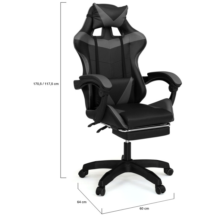 Fauteuil de gaming ALEX réglable avec repose-pied, coussin de tête et coussin lombaire noir et gris
