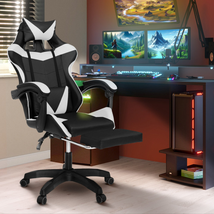 Fauteuil de gaming ALEX réglable avec repose-pied, coussin de tête et coussin lombaire noir et blanc