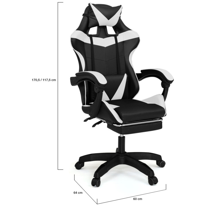 Fauteuil de gaming ALEX réglable avec repose-pied, coussin de tête et coussin lombaire noir et blanc