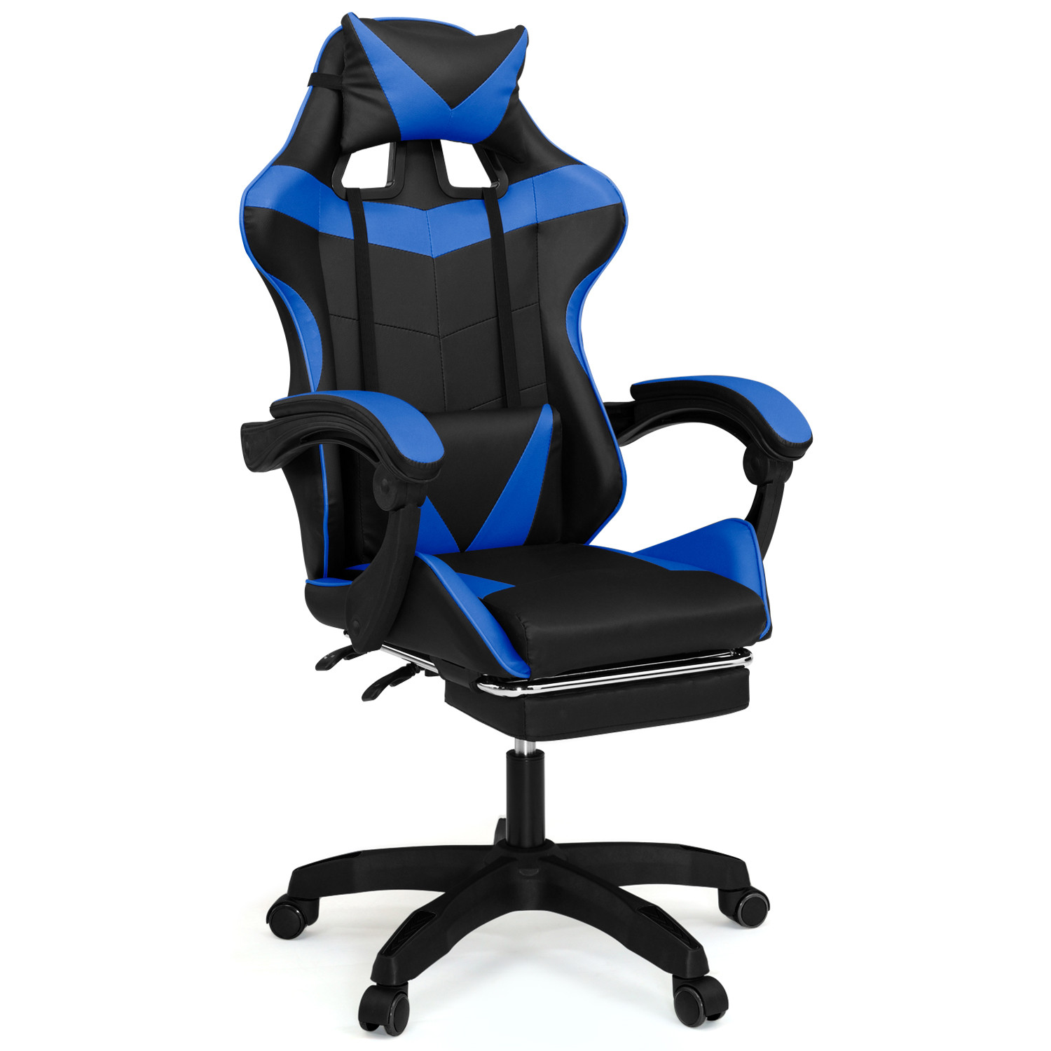 Fauteuil gamer réglable et inclinable avec repose-pied et coussins noir et bleu