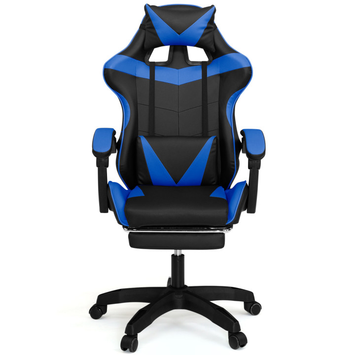 Fauteuil de gaming ALEX réglable avec repose-pied, coussin de tête et coussin lombaire noir et bleu