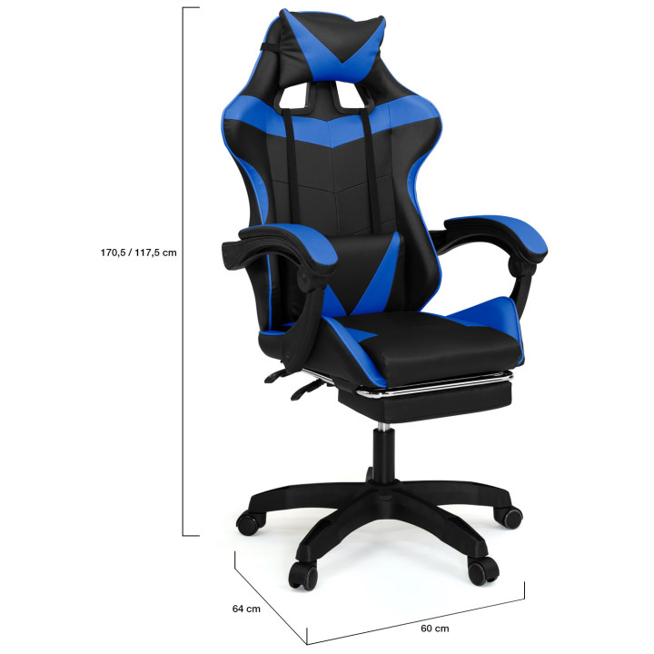 Fauteuil de gaming ALEX réglable avec repose-pied, coussin de tête et coussin lombaire noir et bleu