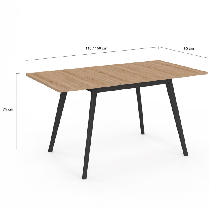 Table scandinave extensible rectangle INGA 4-8 personnes plateau bois pieds noirs 110-150 cm