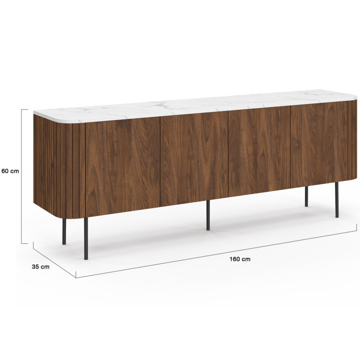 Credenza bassa da 160 cm con 4 ante effetto noce e piano in marmo bianco - MARLA | IdMarket