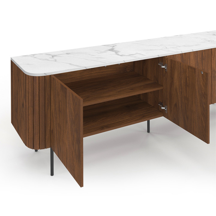 Buffet bas 160 cm MARLA 4 portes effet noyer et lattes et plateau marbre blanc ALASKA