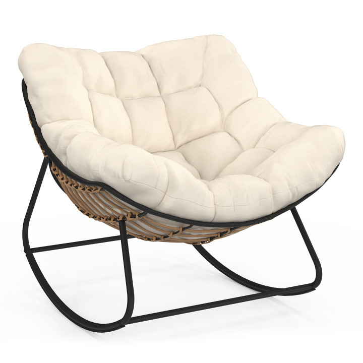 Fauteuil de jardin à bascule LOA effet rotin avec coussin écru
